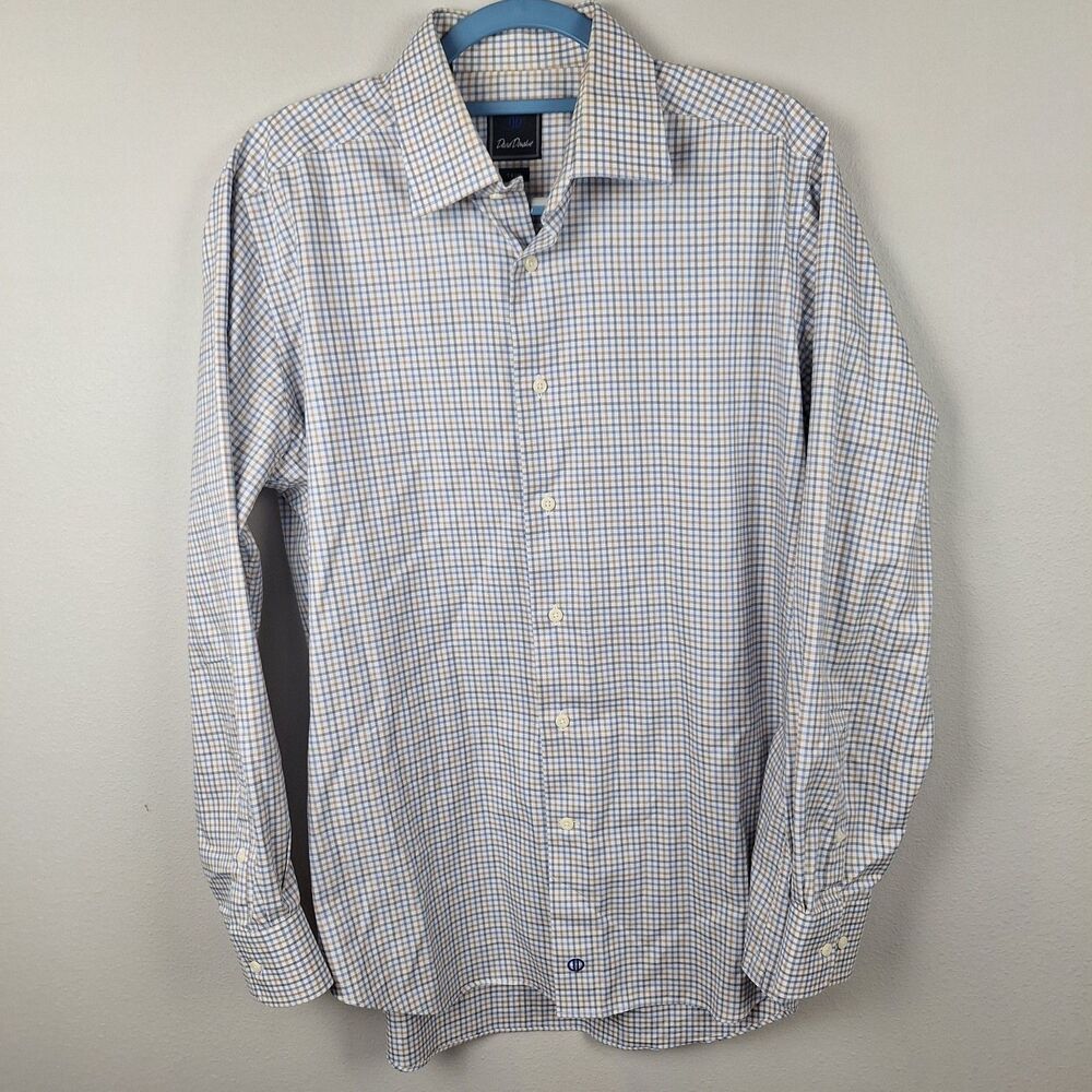David Donahue Dress Shirt Mens 16.5 34/35 Trim Fit White Blue Brown Check Plaid